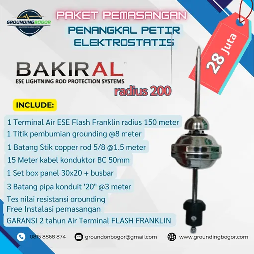 Paket pasang Penangkal Petir Bakarial radius 200 meter