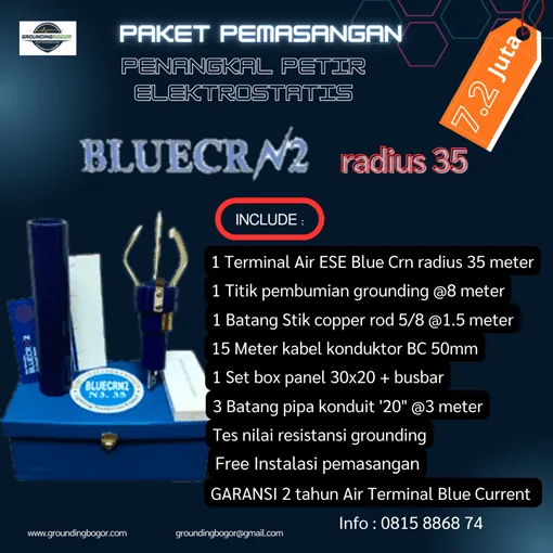 Paket pasang Penangkal Petir Elektrostatis Blue Curresnt Radius 35 meter
