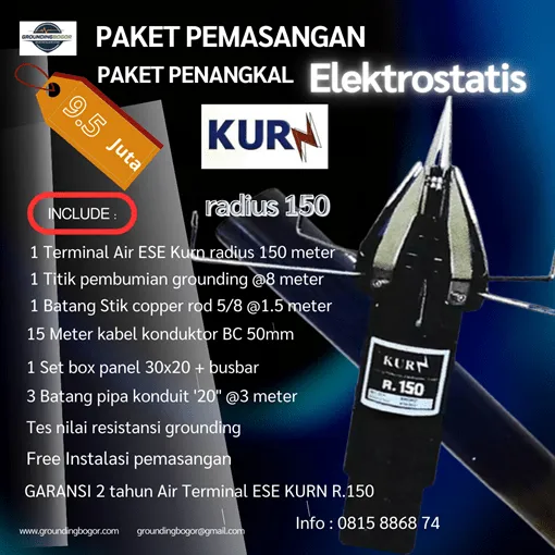 Paket pasang Penangkal Petir KURN radius 150 meter