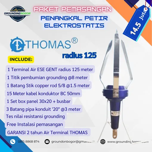Paket pasang Penangkal Petir Thomas radius 125 meter