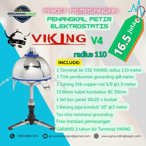 Paket pasang Penangkal Petir Viking radius 110 meter