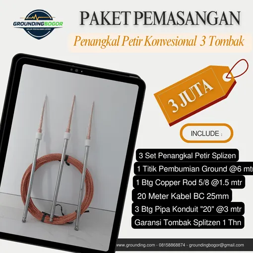 Paket pasang penangkal petir konvensional 2 tombak