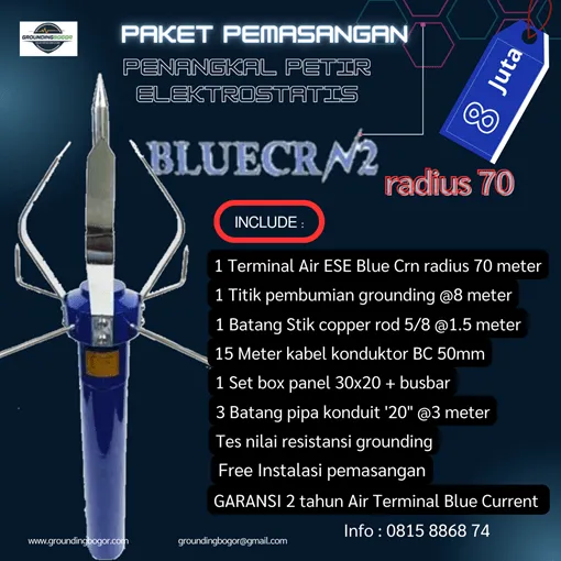 Paket pasang Penangkal Petir Elektrostatis Blue Curresnt Radius 70 meter